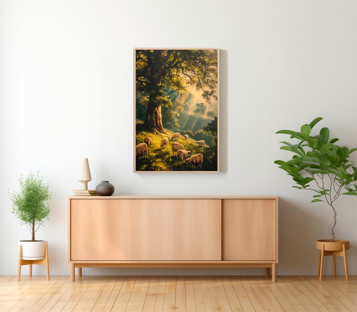 Peaceful Sheep Grazing Beneath a Sunlit Tree Golden Hour Poster - Image 2