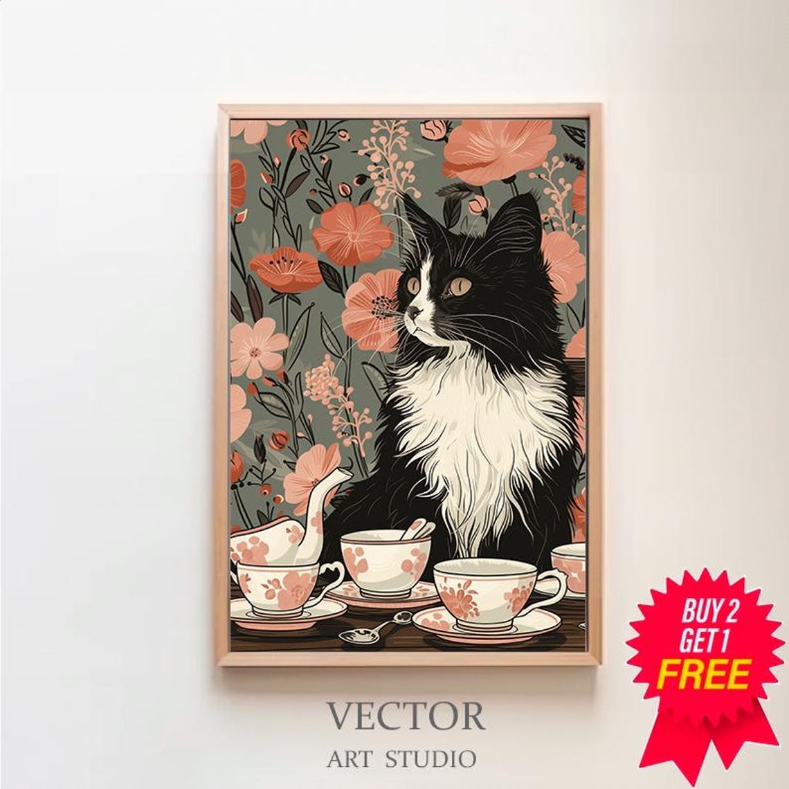 Tuxedo Cat Tea Party with Teapot Cups and Floral Background Poster