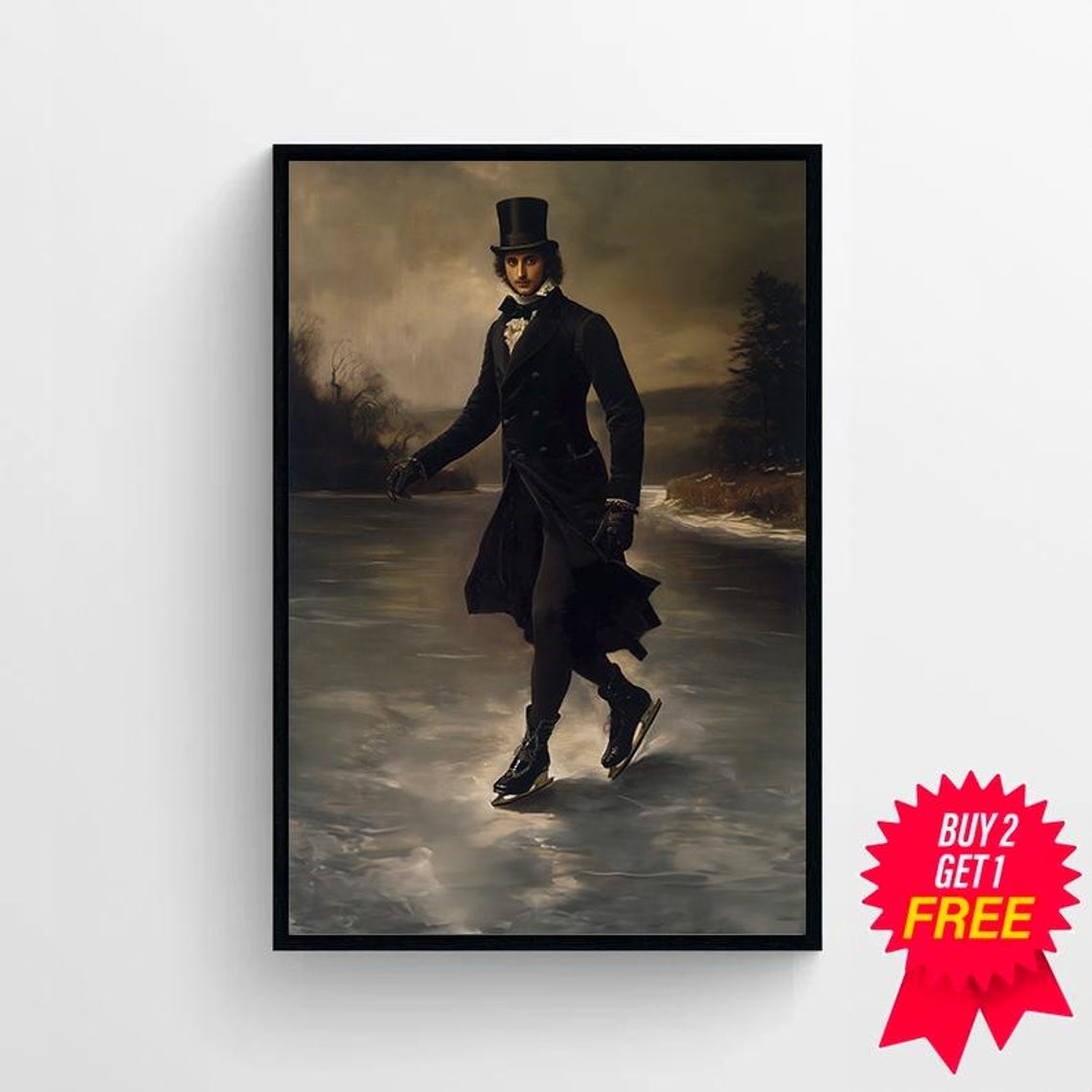 Victorian Gentleman Ice Skating On A Frozen Lake At Dusk Poster - Image 4