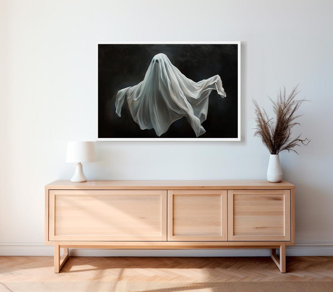 Classic White Sheet Ghost Floating On Pitch Black Oil Painting Poster - Image 2