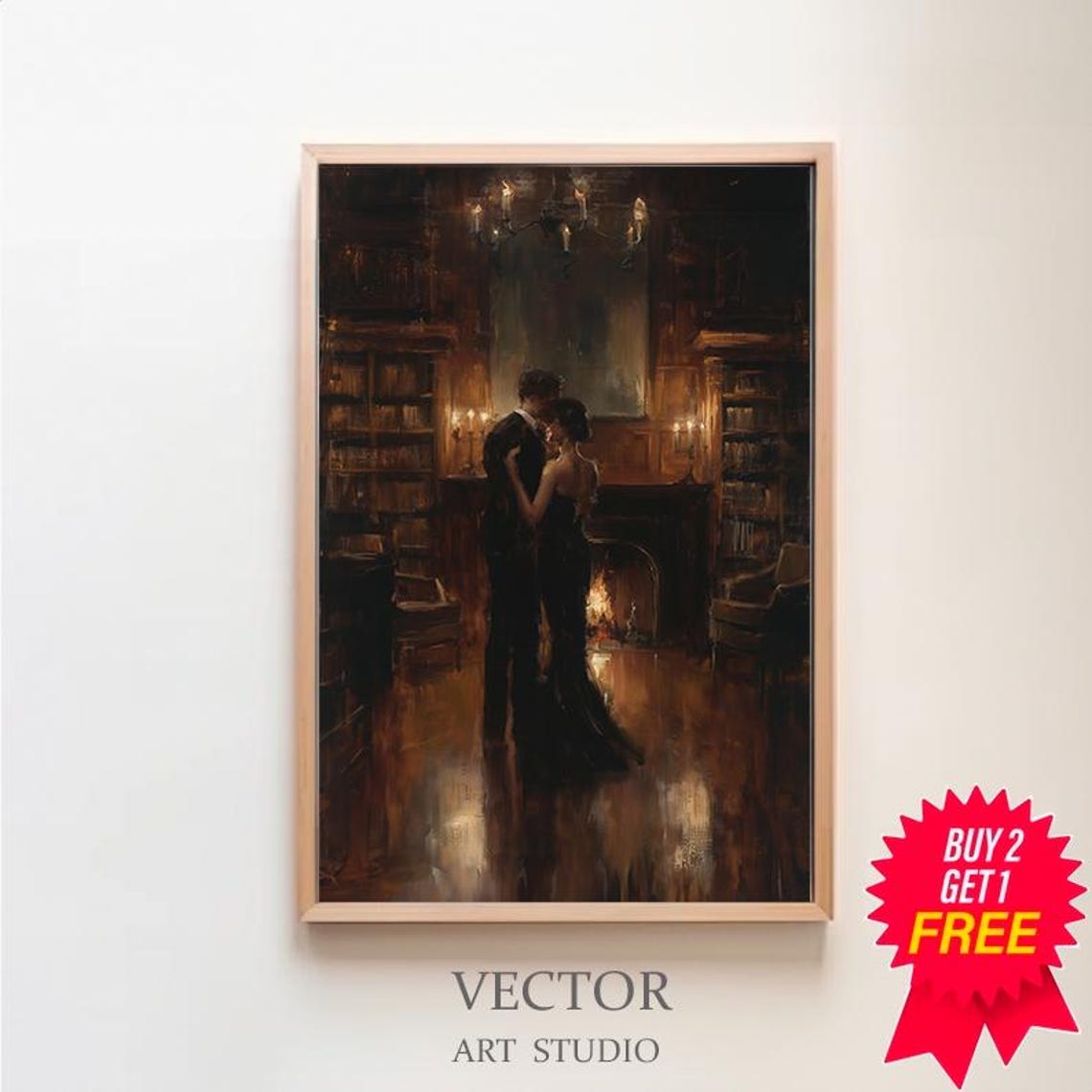 Lovers In Library Art Painting Couple Art Dark Academia Print Dark Oil Painting Gothic Decor For Book Lovers Moody Wall Art