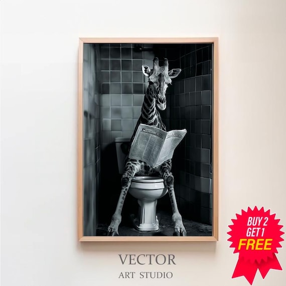 Giraffe On The Toilet Reading The Newspaper Dark Tile B&W Poster