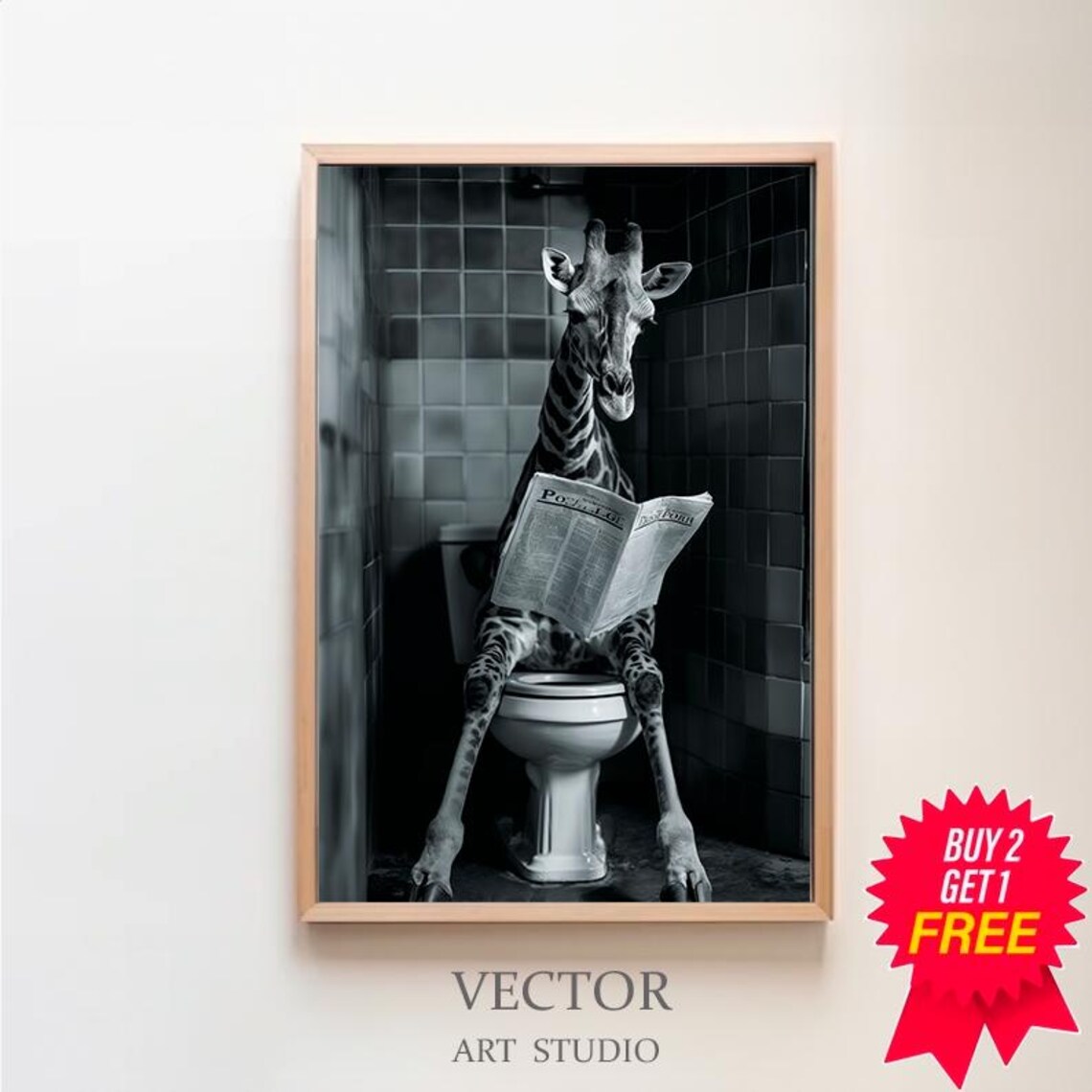 Giraffe On The Toilet Reading The Newspaper Dark Tile B&W Poster