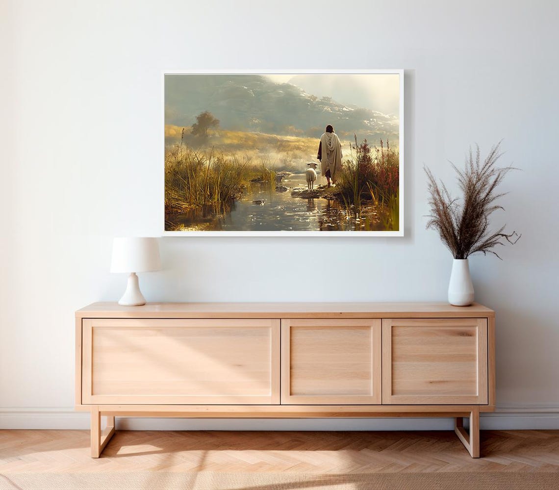 Jesus Walking with a Lamb Beside a Sunlit Mountain Stream Poster - Image 2