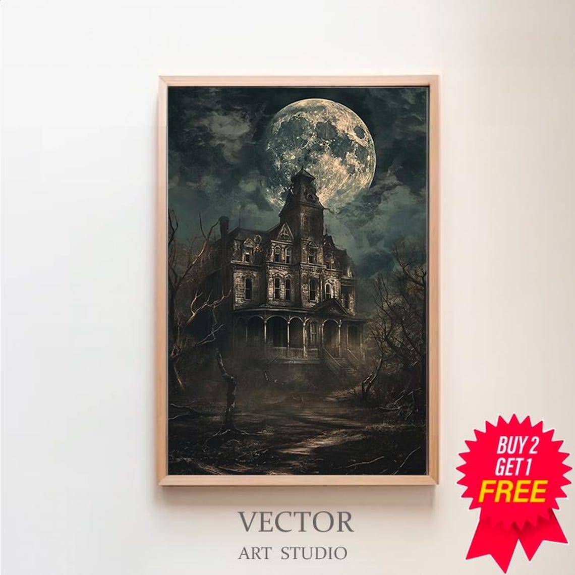Haunted House Under Full Moon Dark Moody Halloween Art Print
