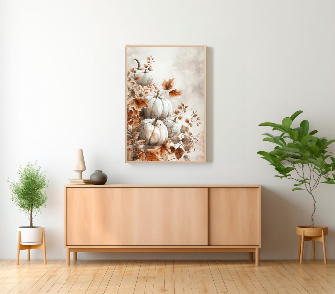 Stacked White Pumpkins With Fall Leaves Watercolor Art Poster - Image 2
