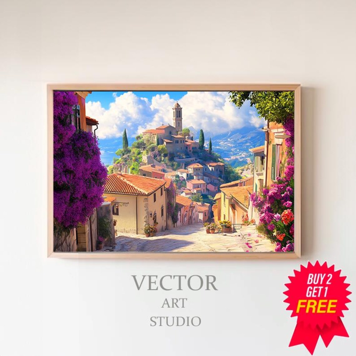Colorful Hillside Village Street With Bougainvillea Art Poster