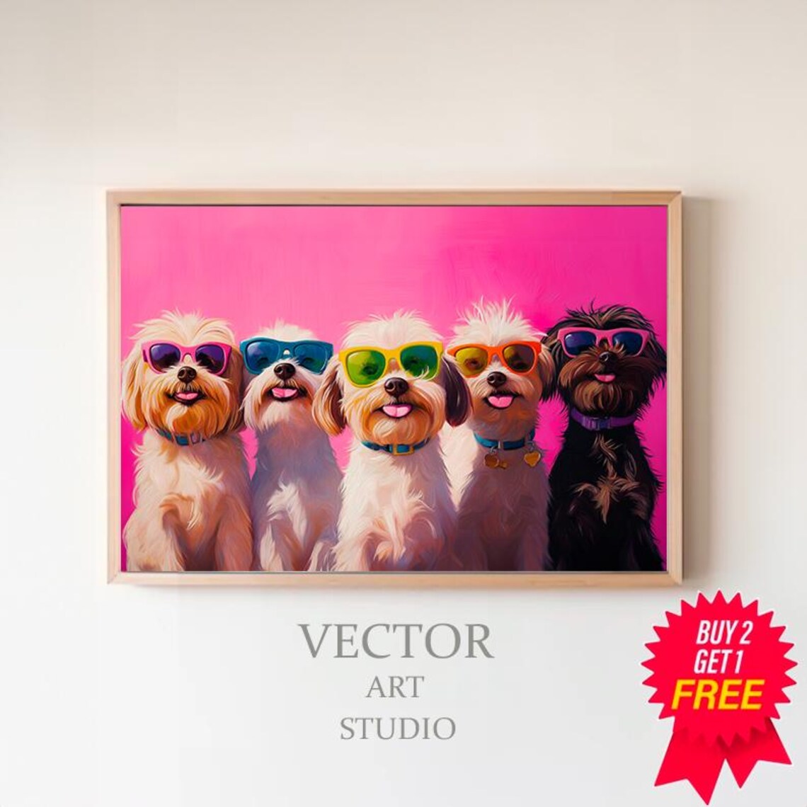 Five Fluffy Puppies in Colorful Sunglasses Pink Funny Pet Poster