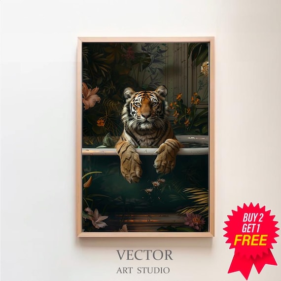 Tiger Relaxing in Bathtub Jungle Plants Maximalist Art Poster