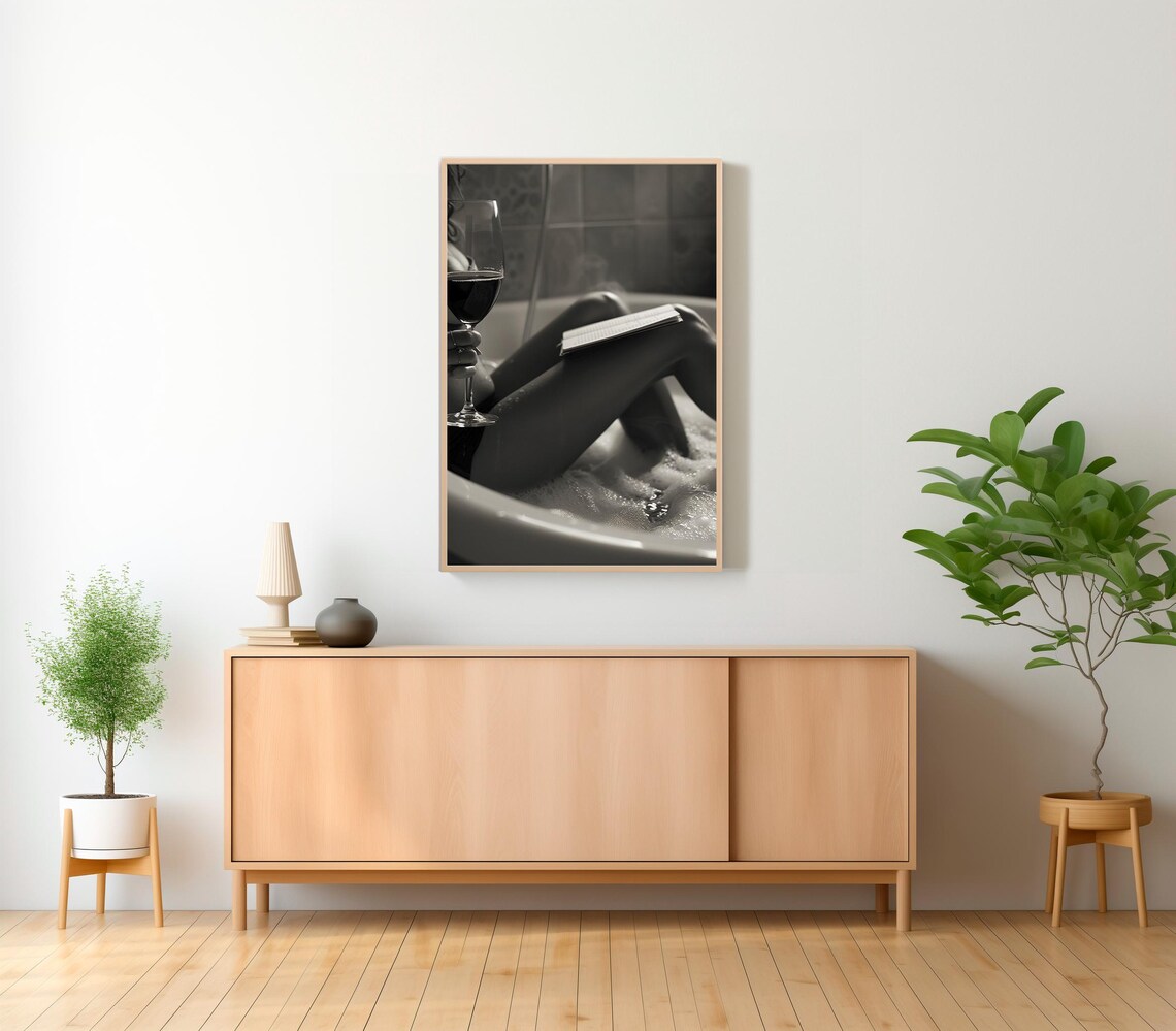 Woman with Wine Glass Reading in Bathtub Black and White Art Print - Image 2