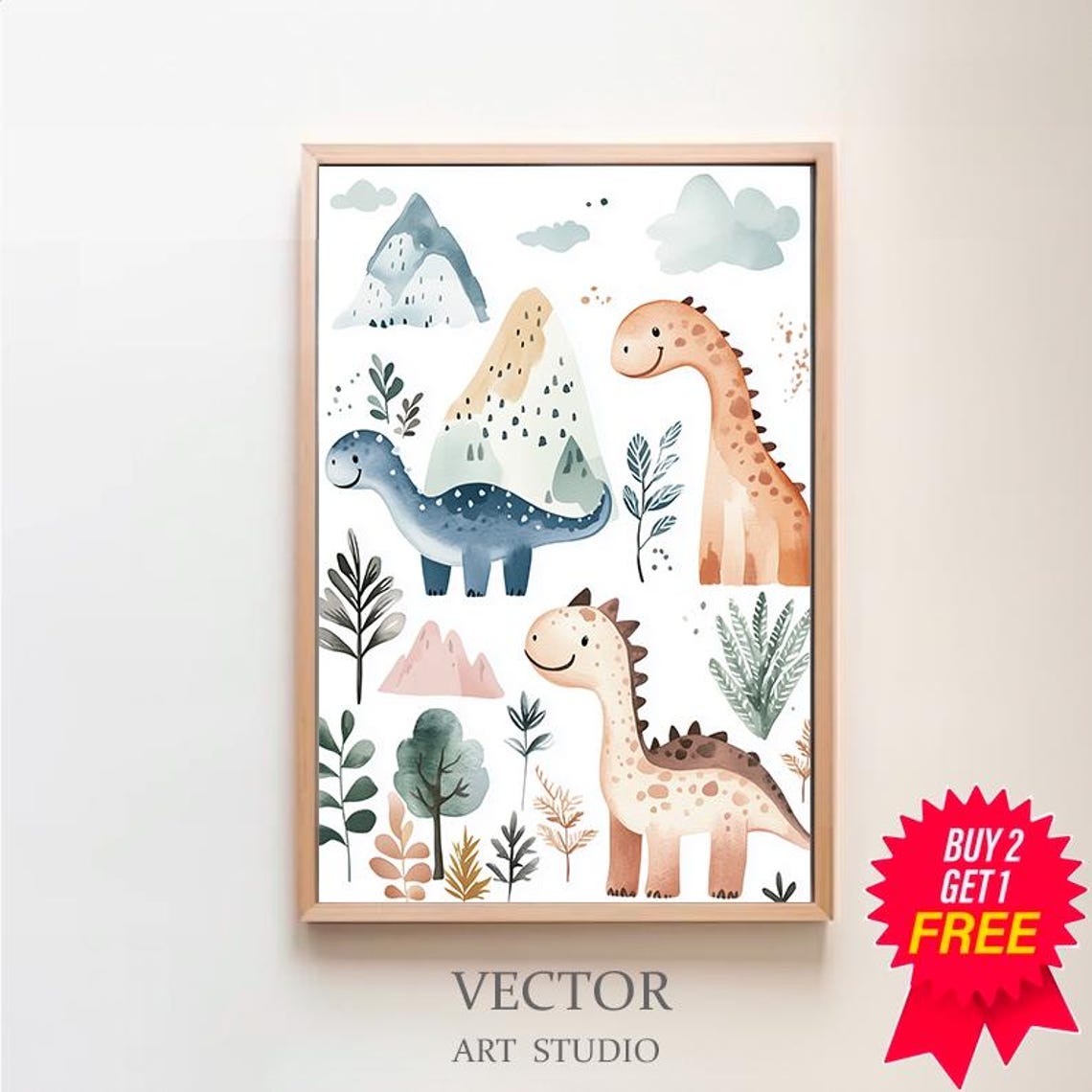 Smiling Watercolor Dinosaurs with Pastel Mountains Nursery Poster