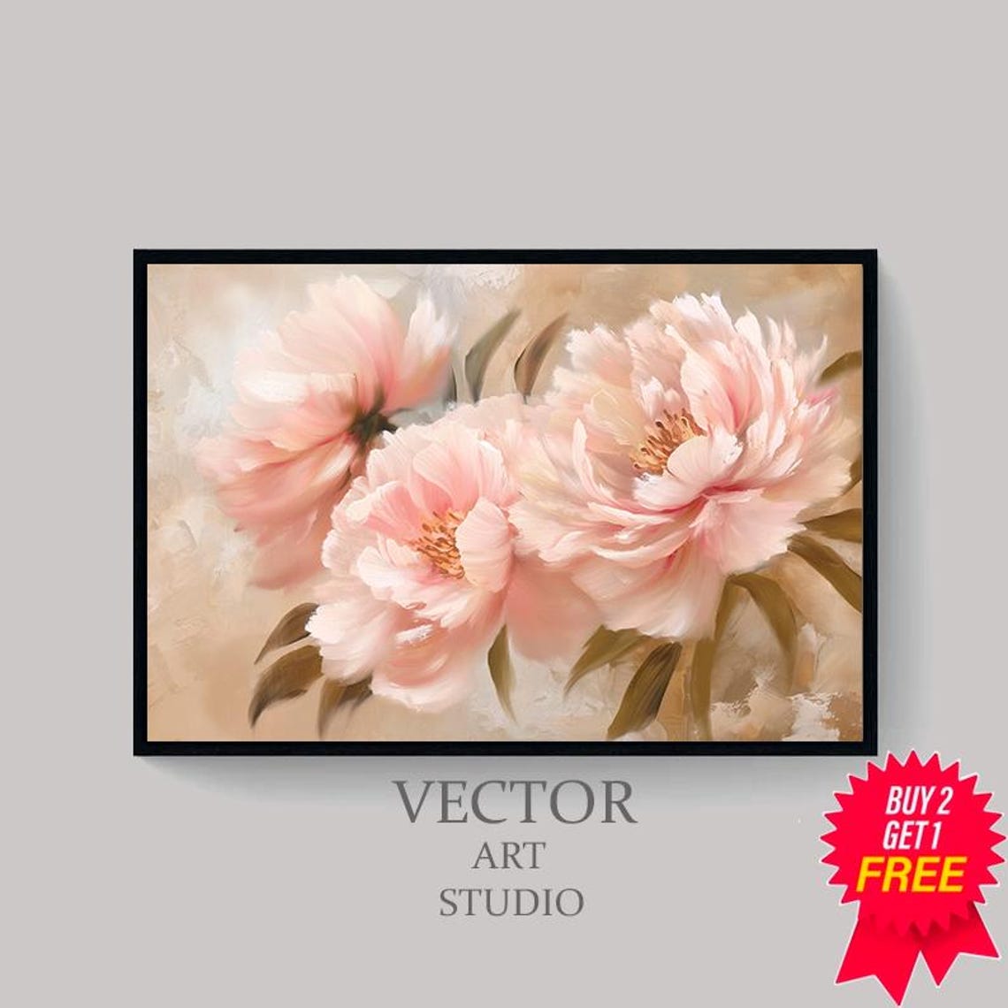 Soft Blush Pink Peonies Vintage Floral Oil Painting Wall Art - Image 4
