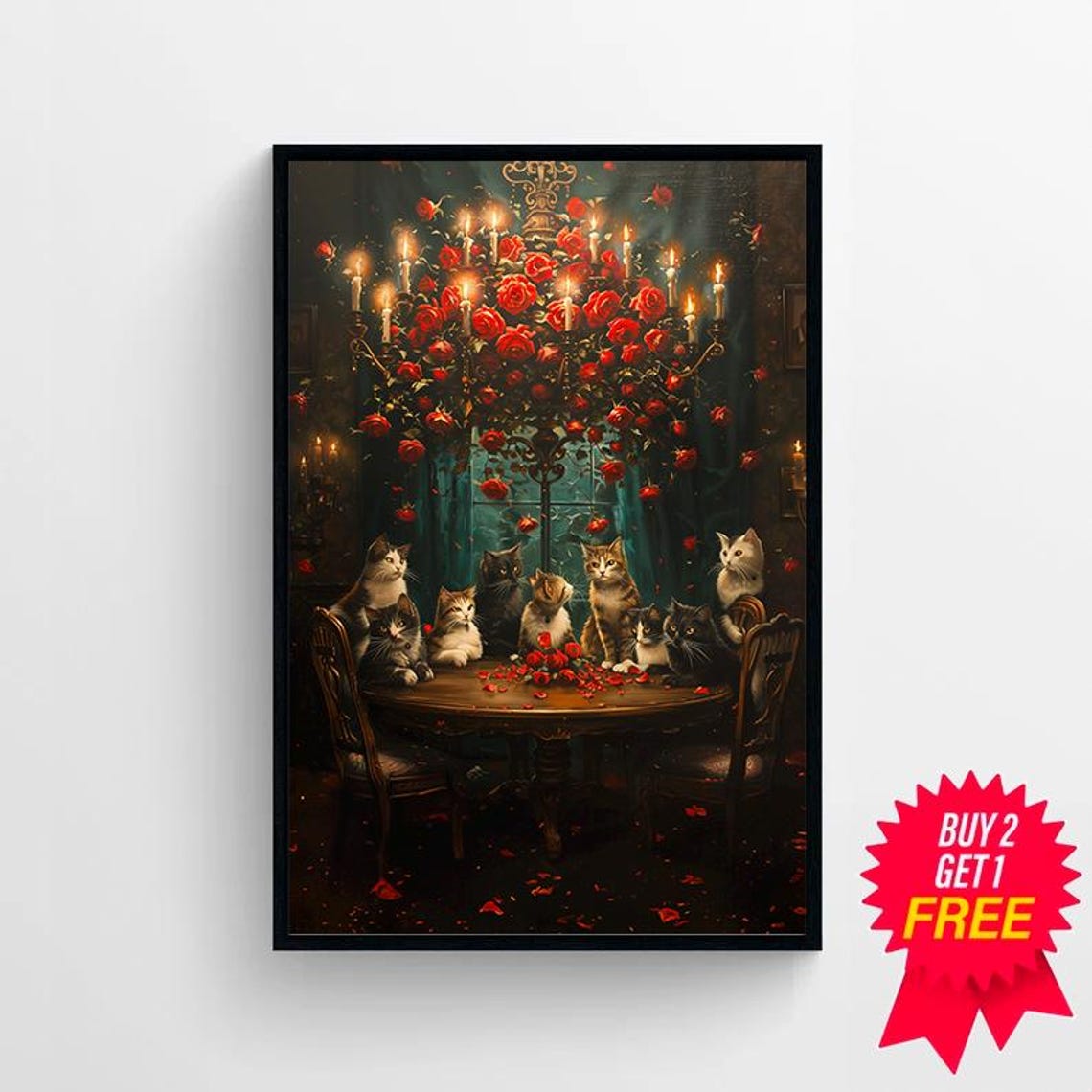 Cats Feasting at a Round Wooden Table Under Candlelight Poster - Image 4