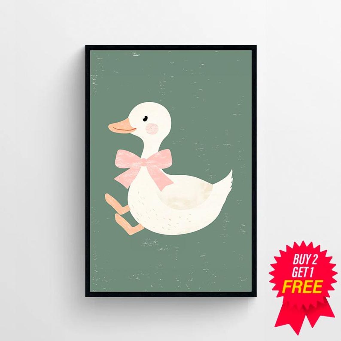 Cute Blushing Duck With Pink Bow on Sage Green Nursery Poster - Image 4