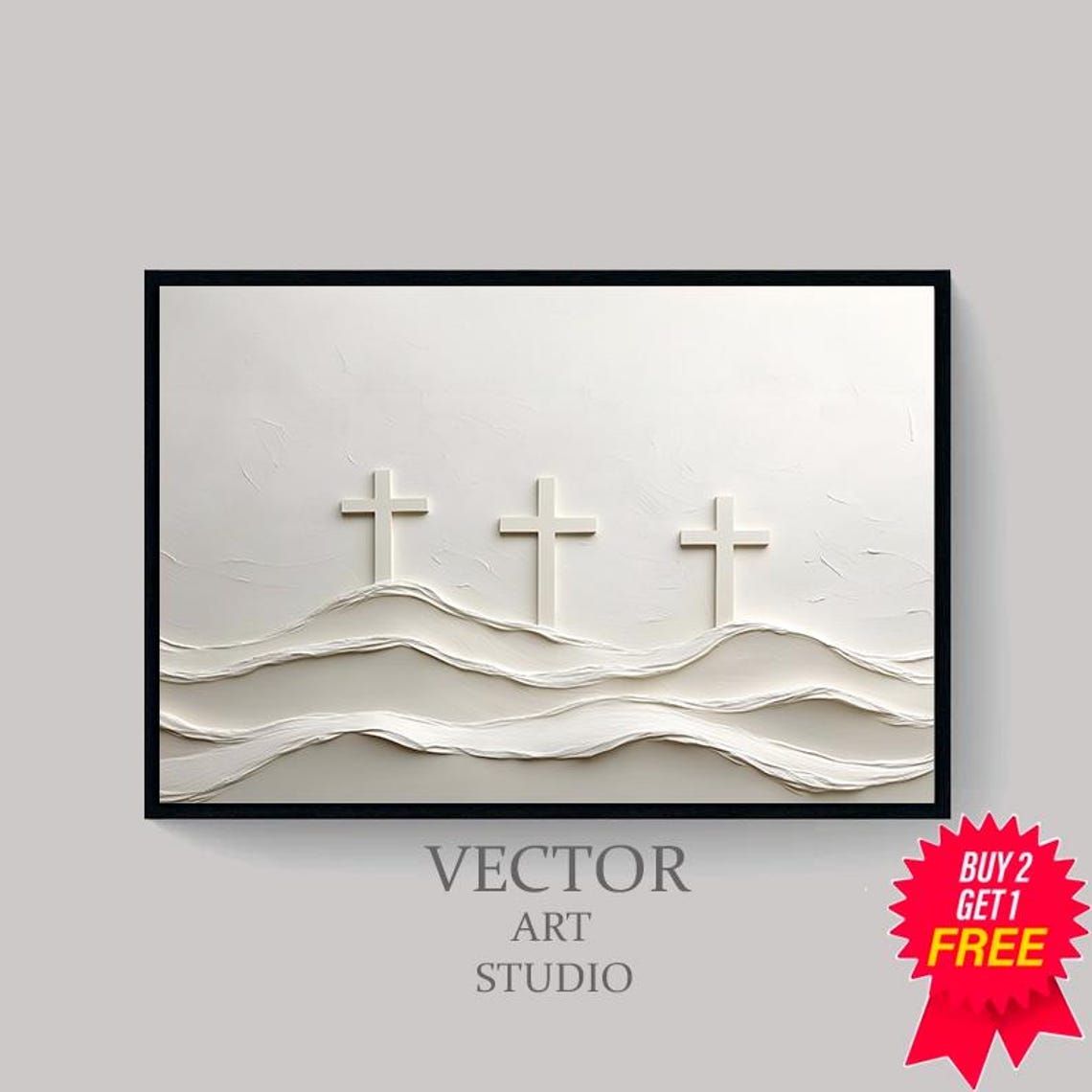 Three White Crosses Above Wavy Hills Minimalist Easter Poster - Image 4