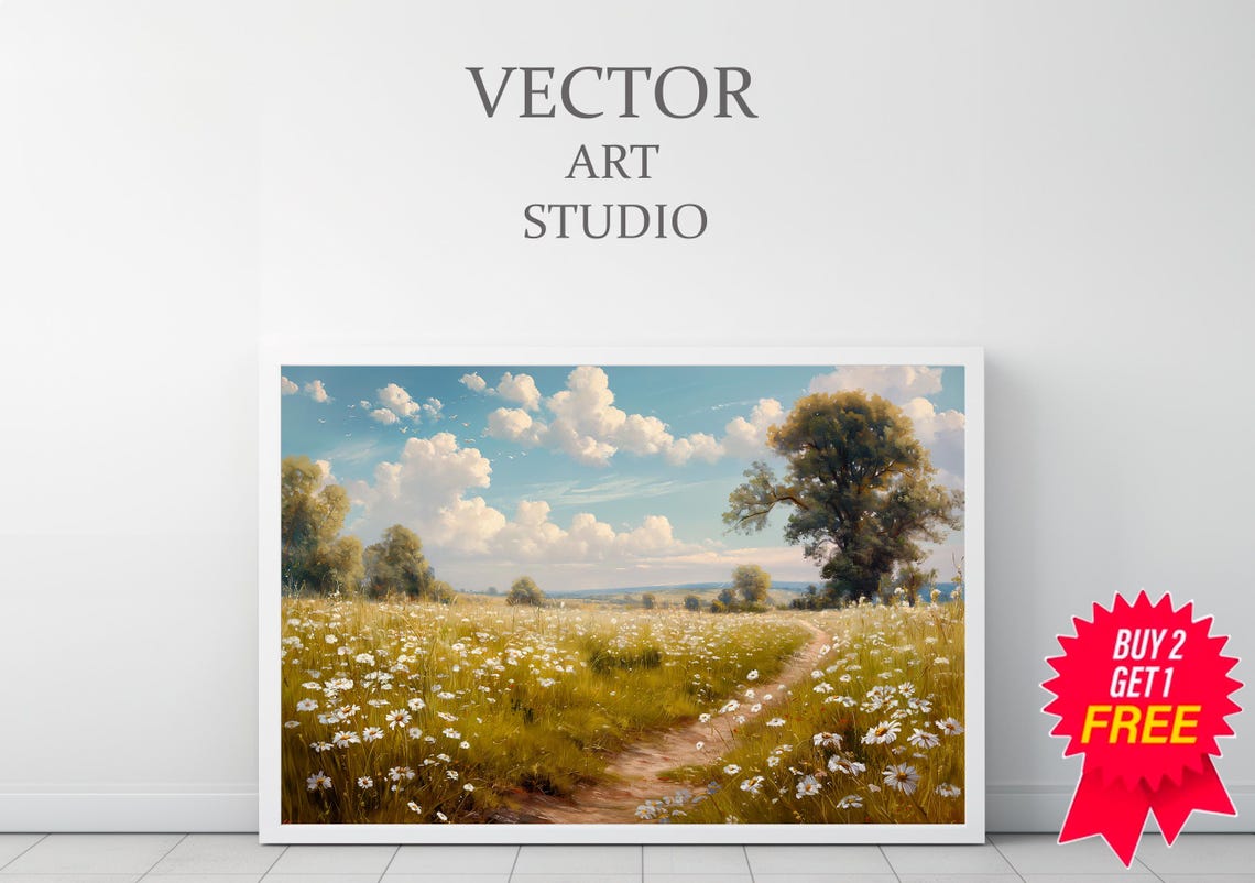 Daisy Field with Winding Country Path Summer Landscape Art Poster - Image 3