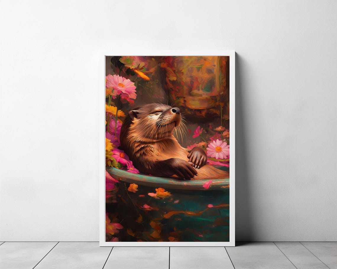 Dreamy Otter Resting in a Teal Tub Surrounded by Pink Flowers Poster - Image 3