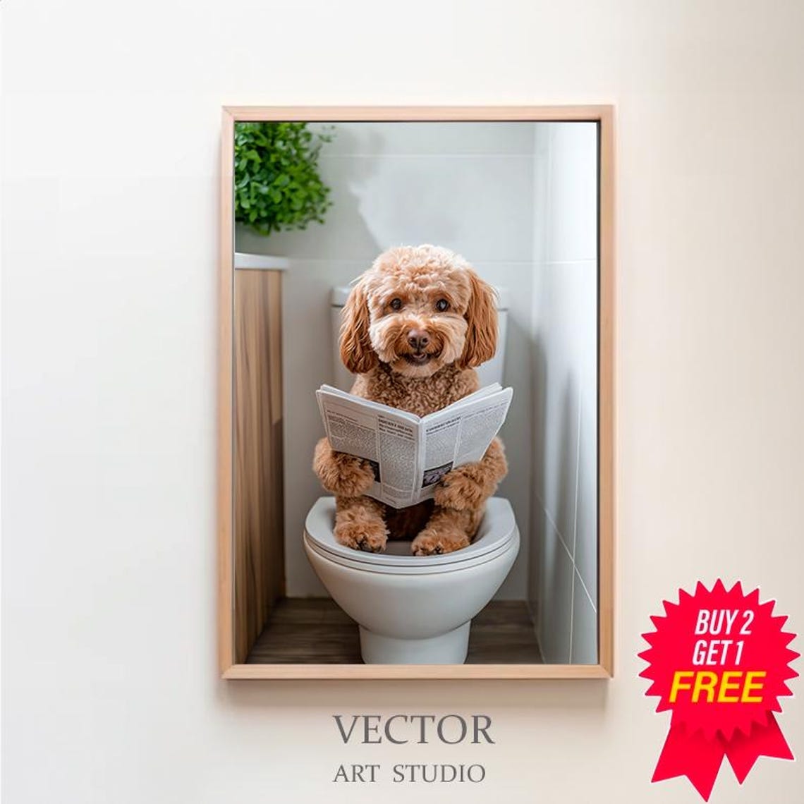 Cute Apricot Cavapoo Puppy Reading Newspaper on Toilet Bathroom Poster