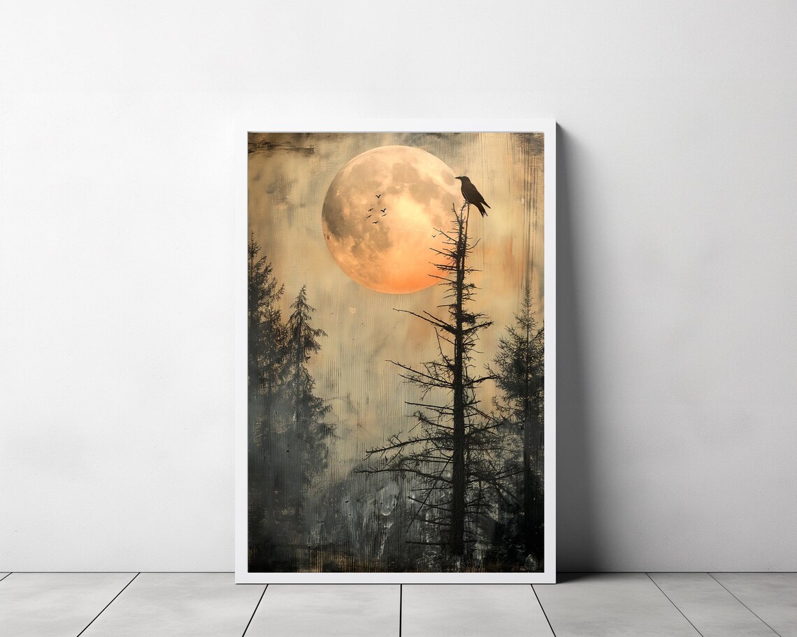 Giant Harvest Moon Behind a Crow Perched on a Bare Pine Tree Art Poster - Image 3