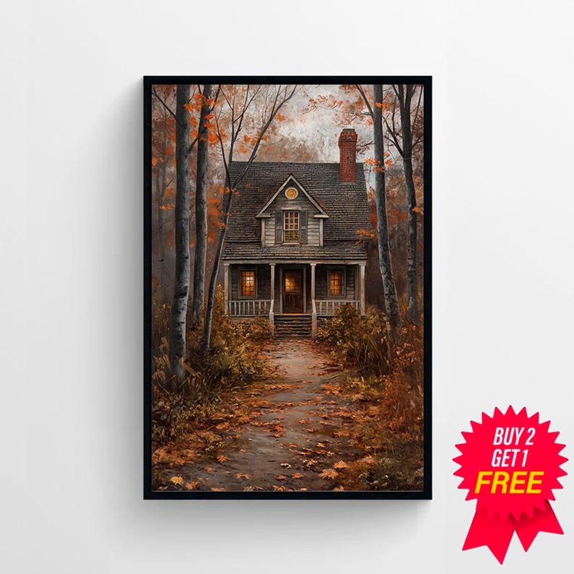 Cozy Cottage with Warm Porch Lights in an Autumn Forest Poster - Image 4