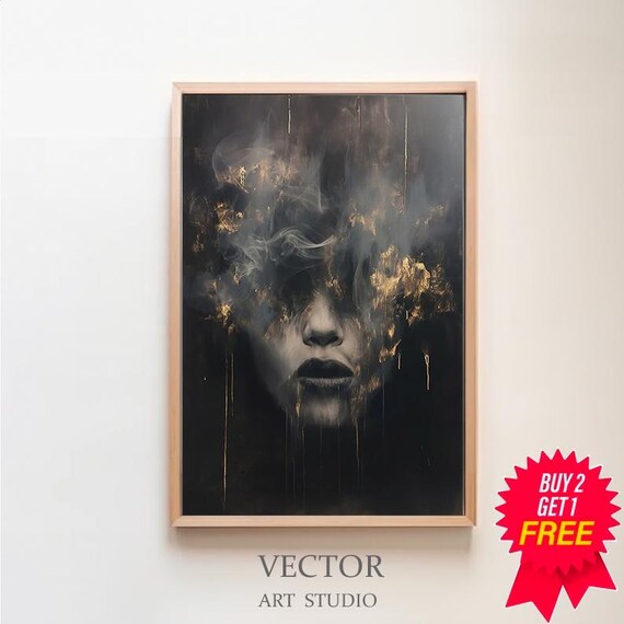 Woman Face Emerging from Dark Smoke Gold Flecks Surreal Poster