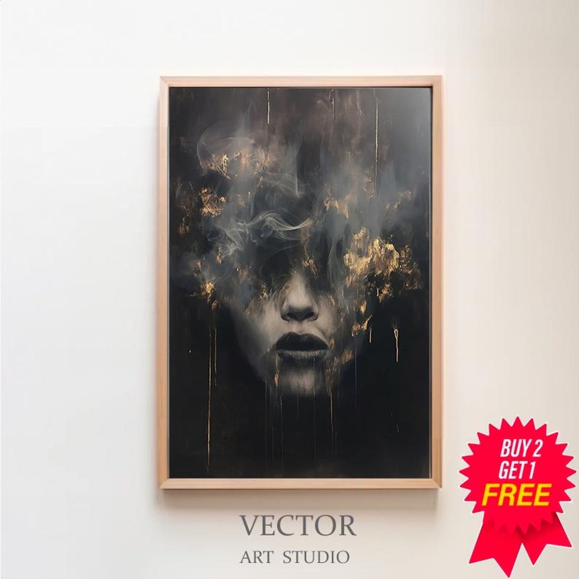 Woman Face Emerging from Dark Smoke Gold Flecks Surreal Poster