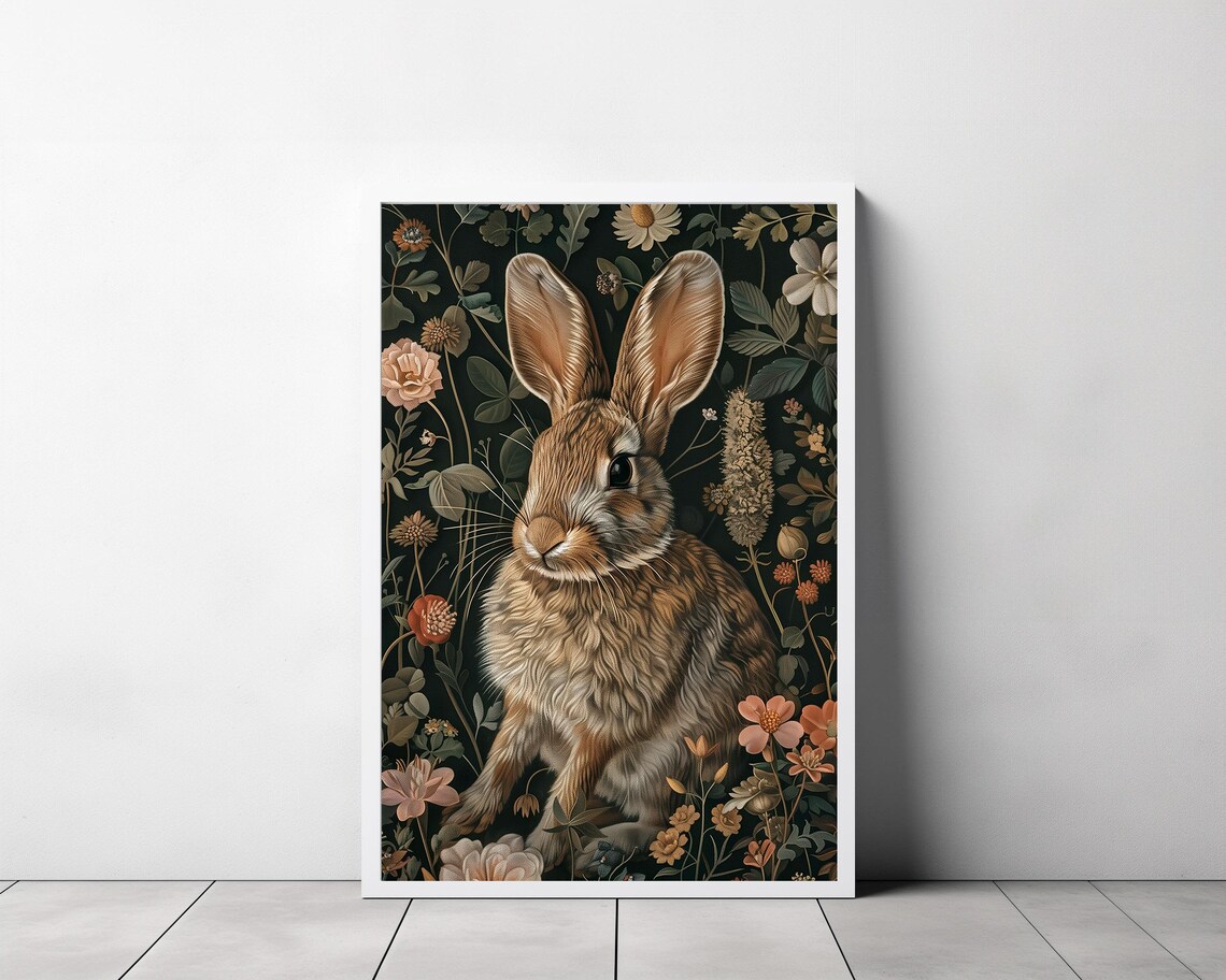 Fluffy Brown Bunny Among Wildflowers Vintage Nature Illustration Poster - Image 3