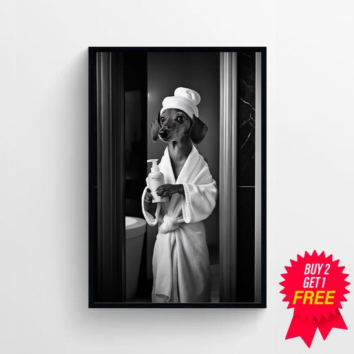 Dachshund In Bathrobe Standing In Shower Holding Soap Poster - Image 4
