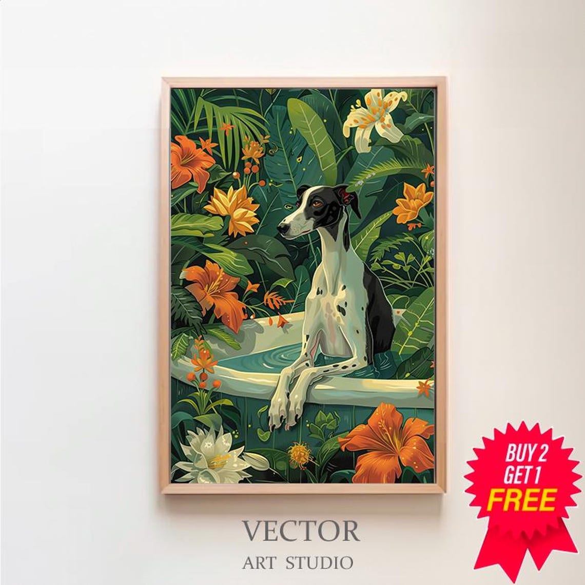 Elegant Greyhound Sitting in Bathtub Jungle Botanical Poster