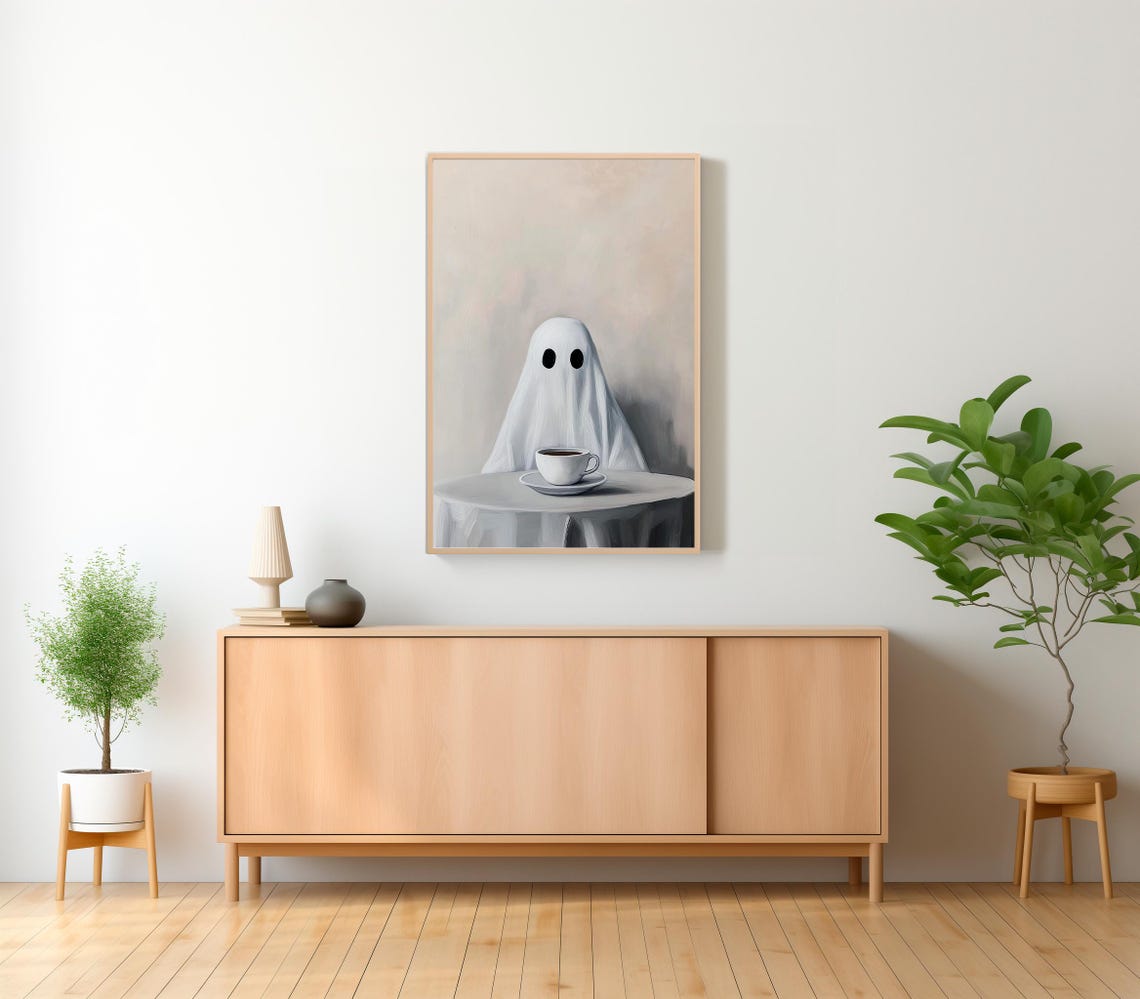 Whimsical Ghost With Coffee Cup Vintage Halloween Style Poster - Image 2