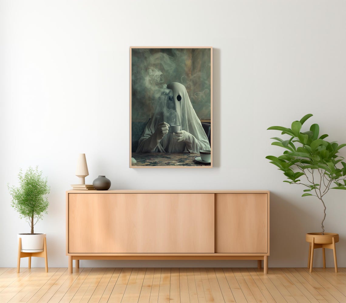 Cute Ghost Drinking Coffee In Smoky Moody Dark Academia Art Poster - Image 2