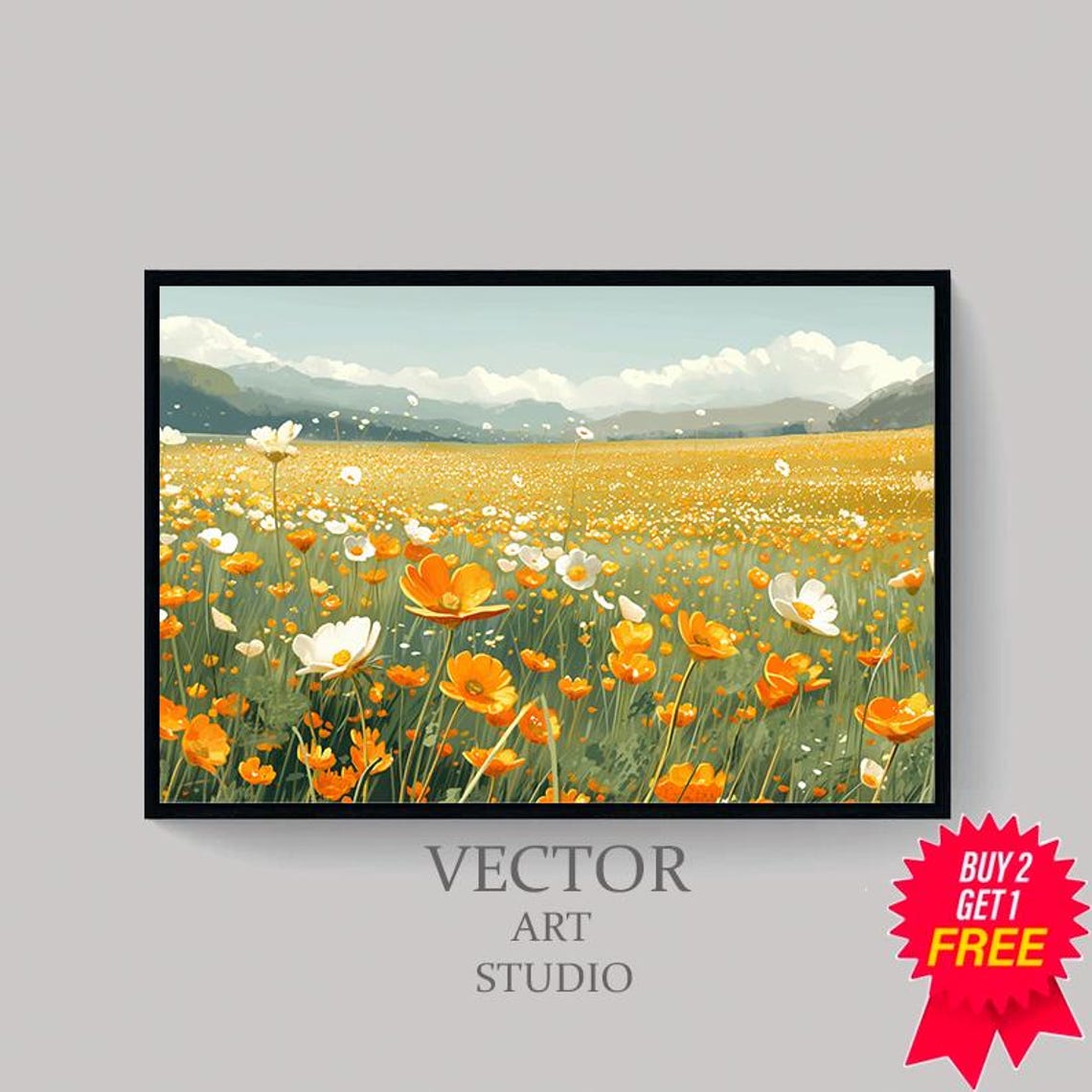 Sunlit Orange and White Wildflower Field Mountain Landscape Poster - Image 4