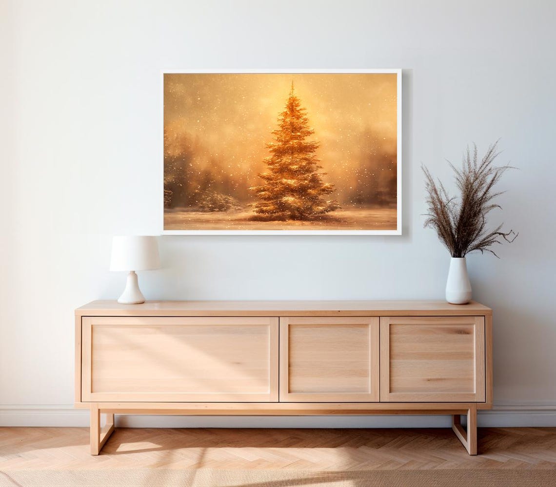 Glowing Golden Snowy Evergreen Tree Sunset Winter Scene Poster - Image 2