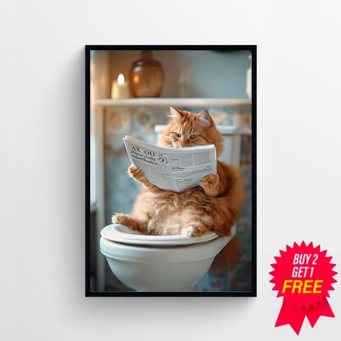 Fluffy Ginger Cat Reading Newspaper on Toilet Funny Animal Poster - Image 4