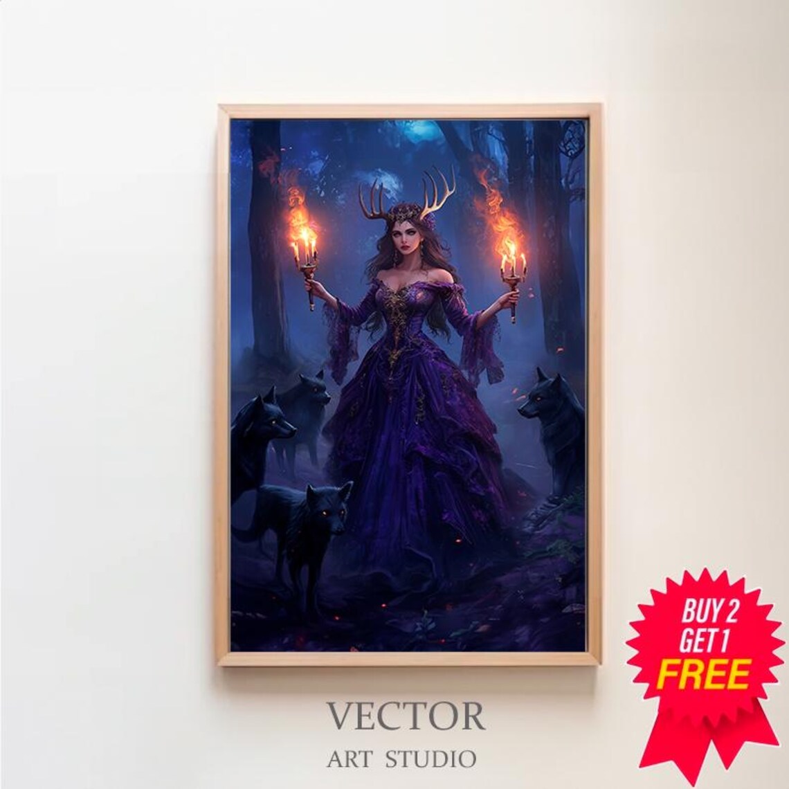 Hecate Dark Goddess with Flaming Torches and Black Hounds Poster