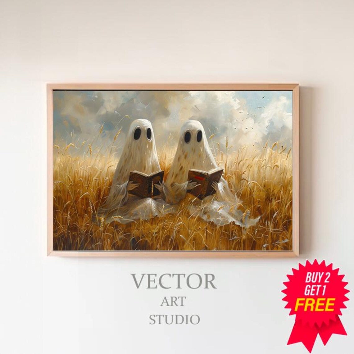 Cute Ghost Couple Reading Books In Golden Wheat Field Art Poster