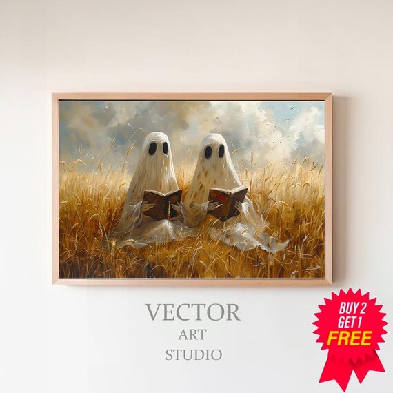 Cute Ghost Couple Reading Books In Golden Wheat Field Art Poster
