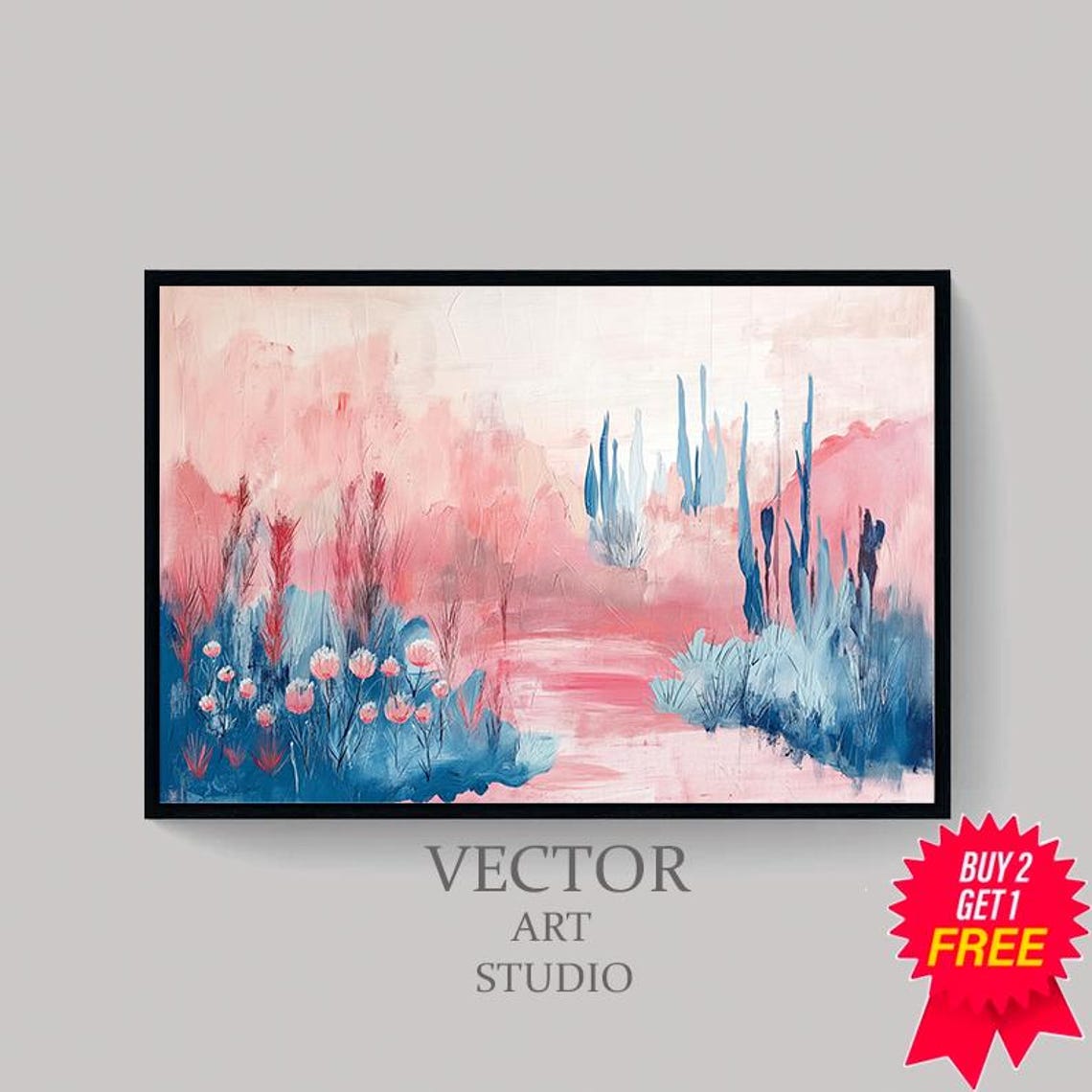 Pink and Blue Misty Abstract Landscape Modern Brushstroke Poster - Image 4