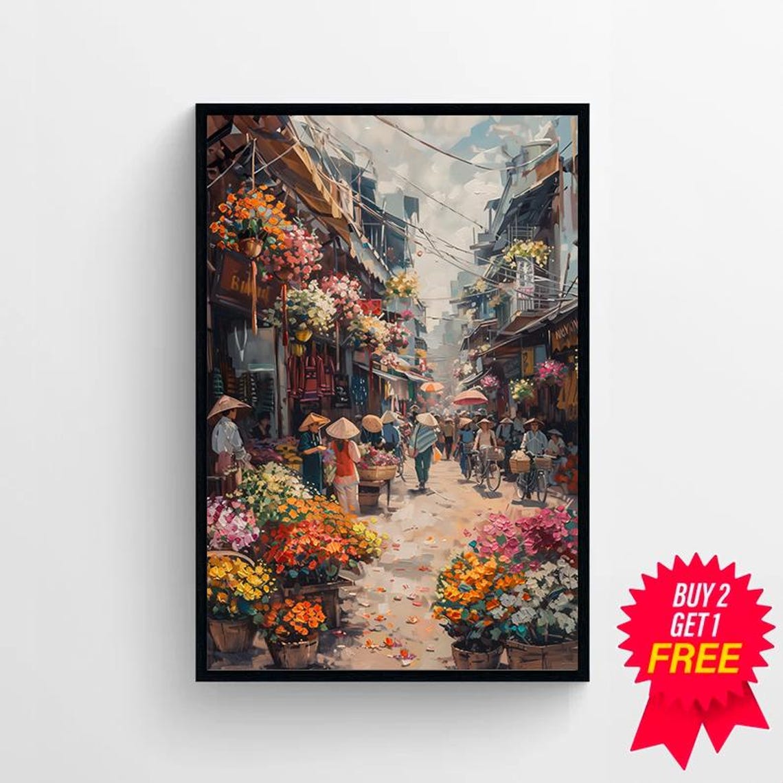 Hanoi Old Quarter Flower Market Alley Vietnam Oil Painting Poster - Image 4