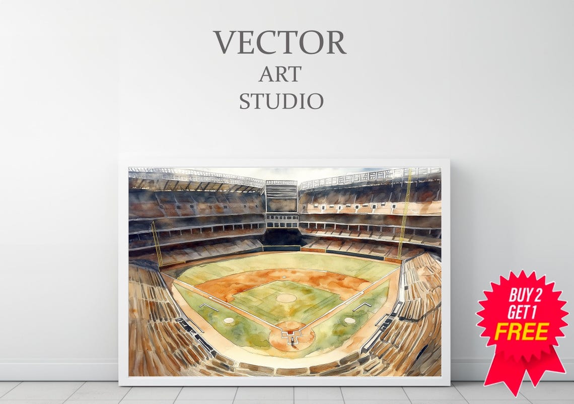 Watercolor Aerial View of an Empty Baseball Stadium Scene Poster - Image 3