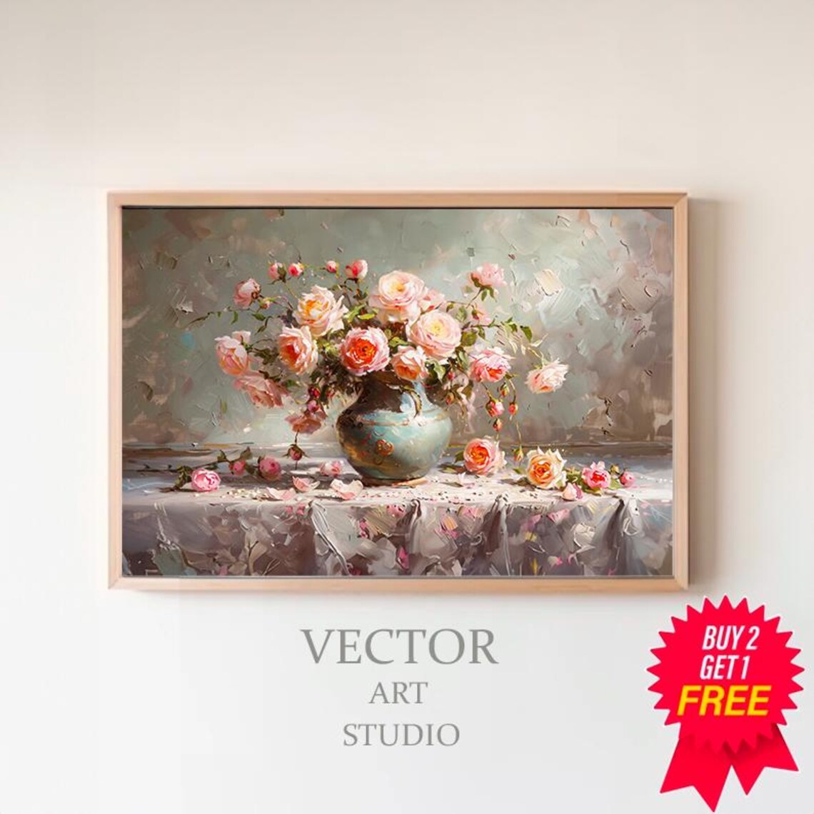 Pink Roses Bouquet in Green Vase Romantic Vintage Floral Poster
