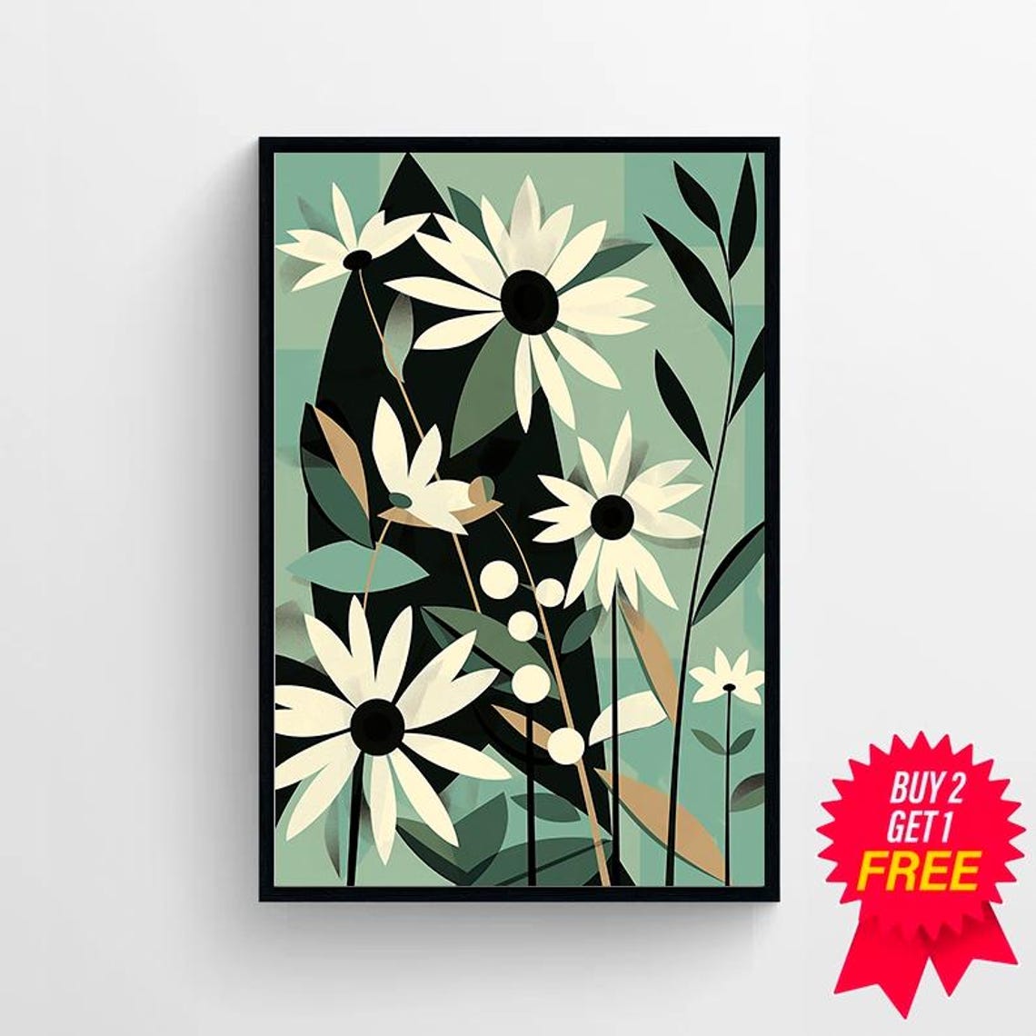 White Daisies on Sage Green with Black Leaves Modern Floral Art Print - Image 4