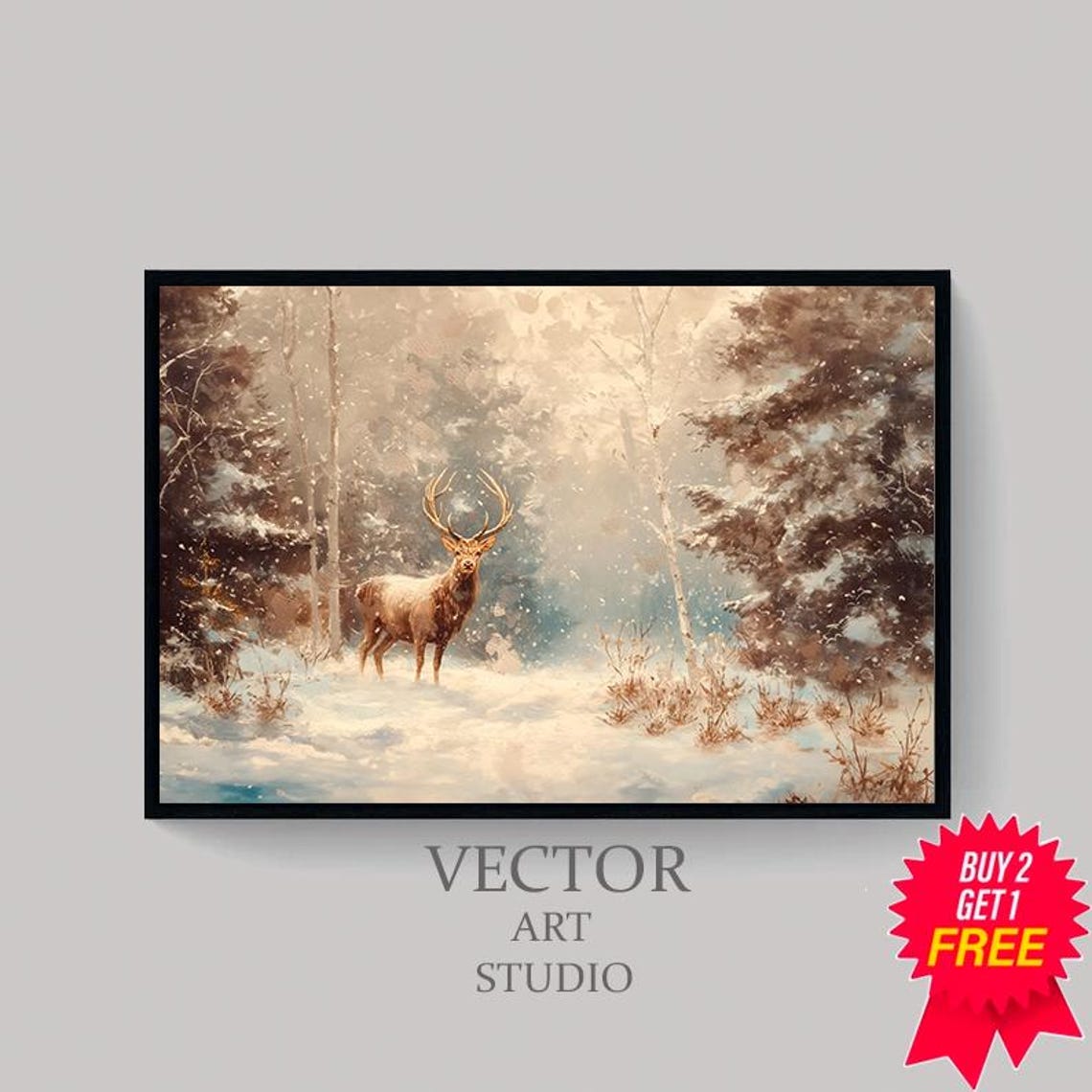 Front Facing Stag In Snowy Pine Forest Winter Day Scene Poster - Image 4