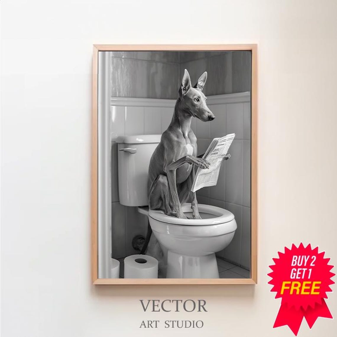 Greyhound On The Toilet Holding A Newspaper Funny B&W Poster