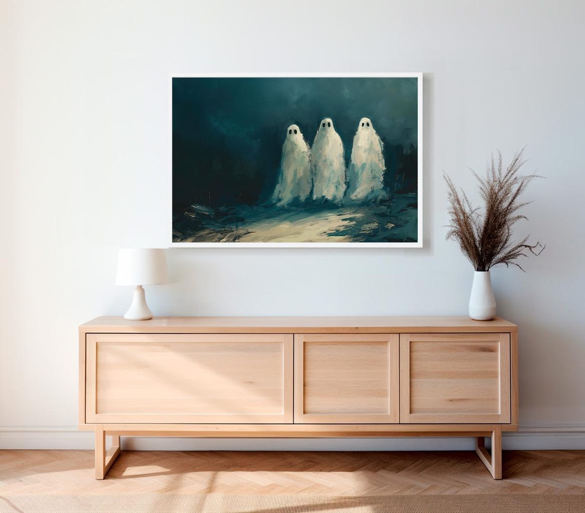 Three Cute Ghosts on a Dark Teal Night Spooky Halloween Art Poster - Image 2