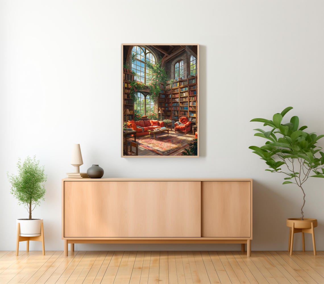 Grand Library Reading Nook with Sunlit Arched Windows Poster - Image 2