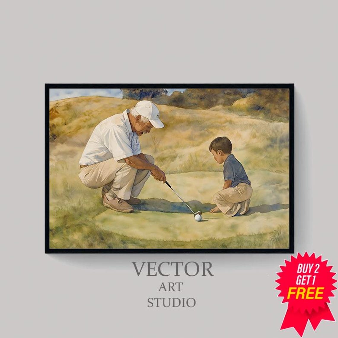 Grandfather Teaching Grandson to Putt Heartwarming Golf Scene Poster - Image 4
