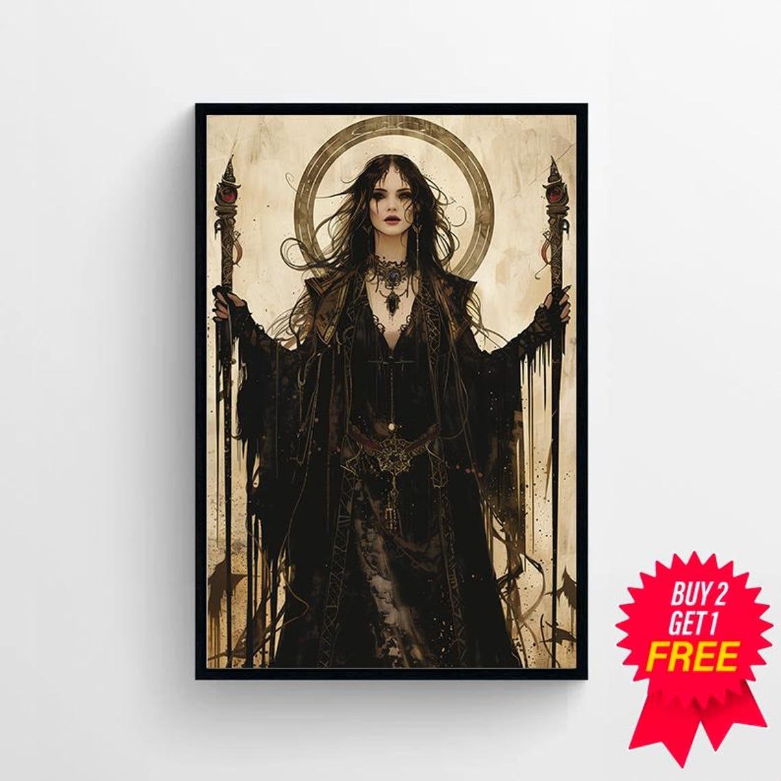 Dark Moon Goddess With Twin Staffs Occult Mythology Fantasy Art Poster - Image 4