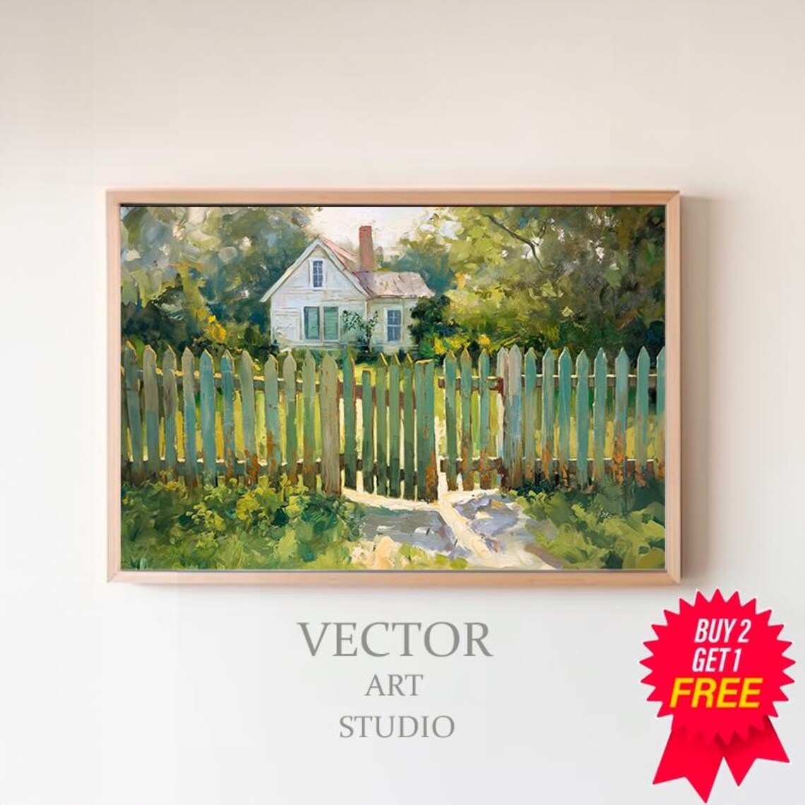 White Farmhouse Behind Picket Fence Sunny Countryside Art Poster