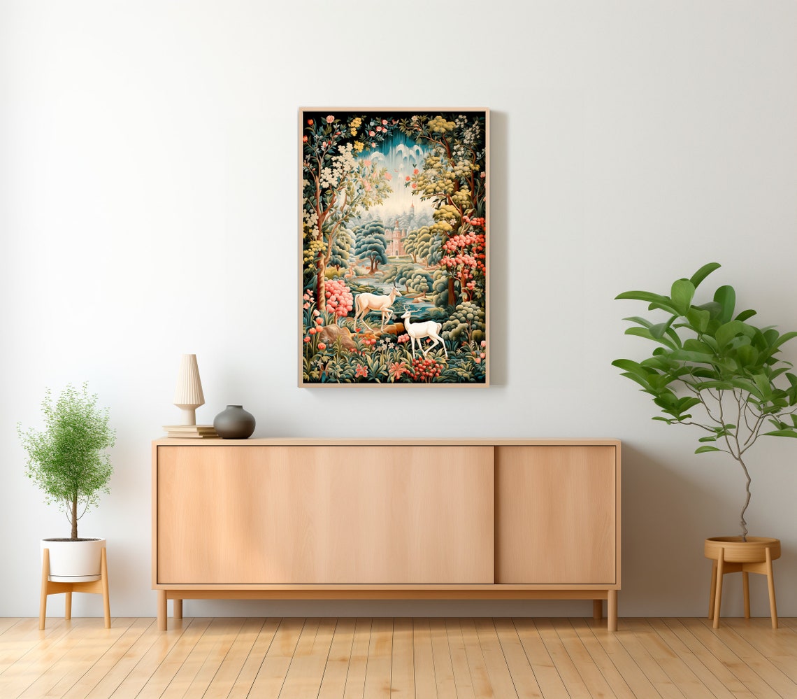 Tapestry Style Enchanted Forest with Two White Deer Vintage Art Poster - Image 2